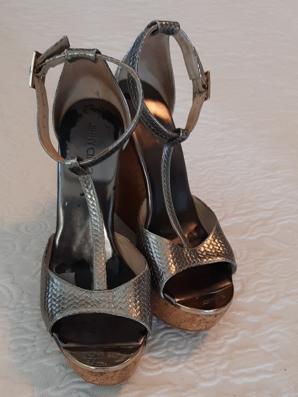 Vintage Jimmy Choo "Pela" Sandles,cork Wedge,embossed Buckles & Toe.